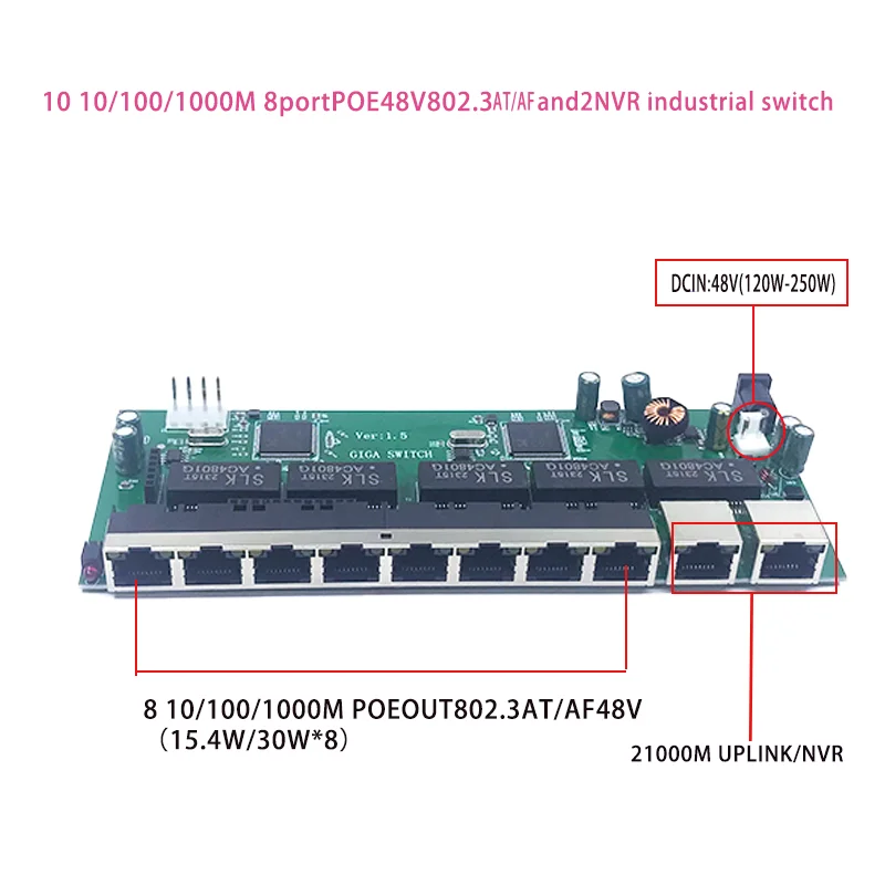 Interruptor ethernet de 10/100/1000M, 48V, 8 poe, 802, 3AT/AF.8, 802.3BT, con 2 puertos, 1000M, UPLINK/NVR