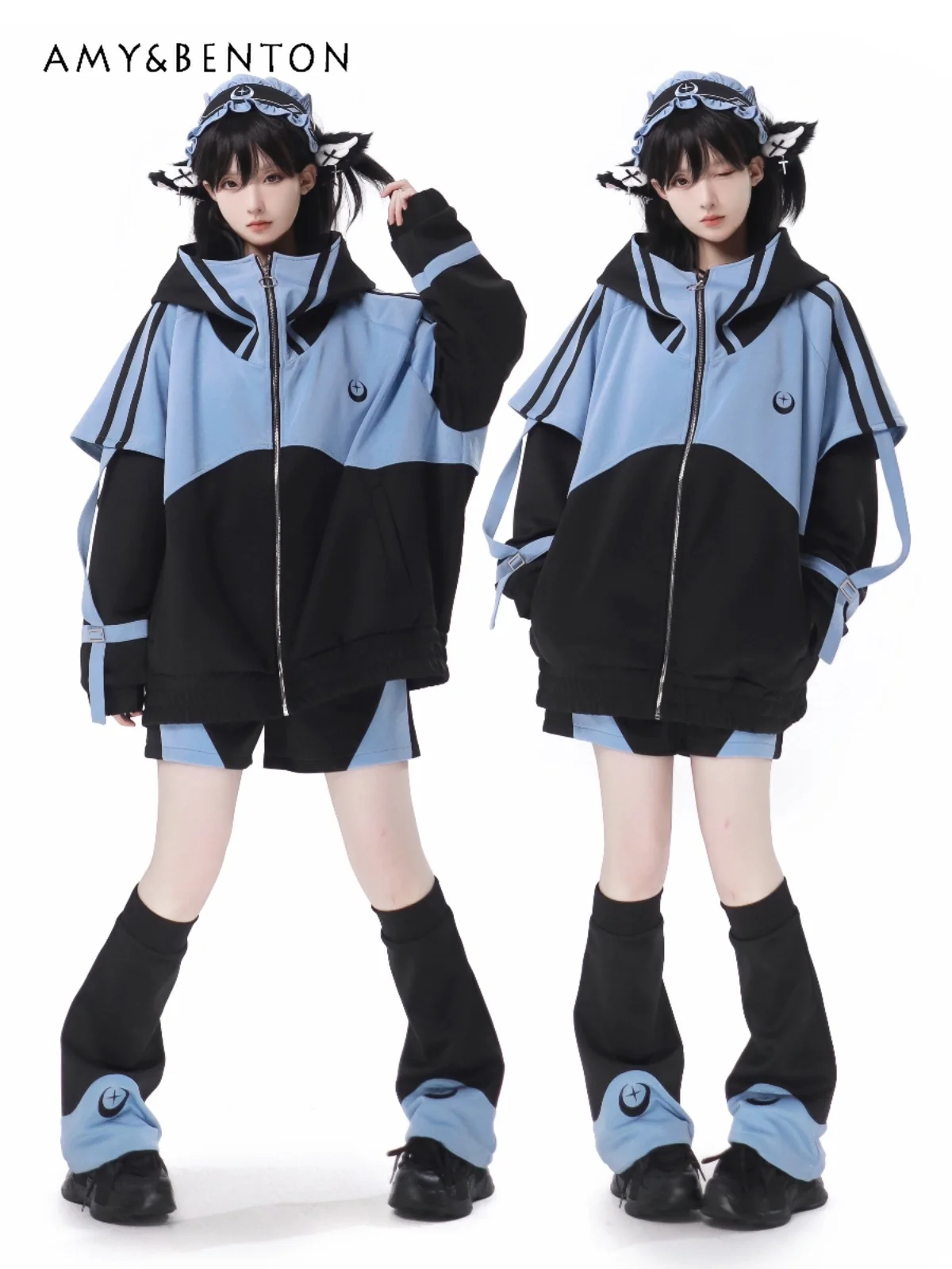 Harajuku Mine Mass-Produced Short Sets Japanese Street Gothic Oversized Hooded Jacket Coat Wide Leg Pants Two-Piece Sets Women