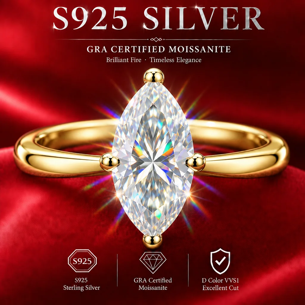 18k Vergoldete Moissanit-Ringe mit GRA-Zertifikat, Funkelndes Marquise-Design, S925 Sterling Silber für Damenringe – Detail 6