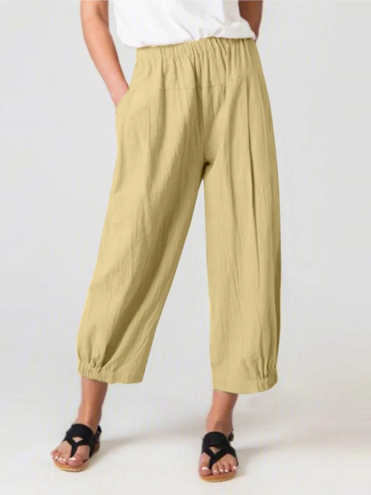 Women Cotton Linen Loose Pants New Spring Autumn Elastic Waist Pants Lady Casual Baggy Cropped Pants Thin Beach Wide Leg Pant