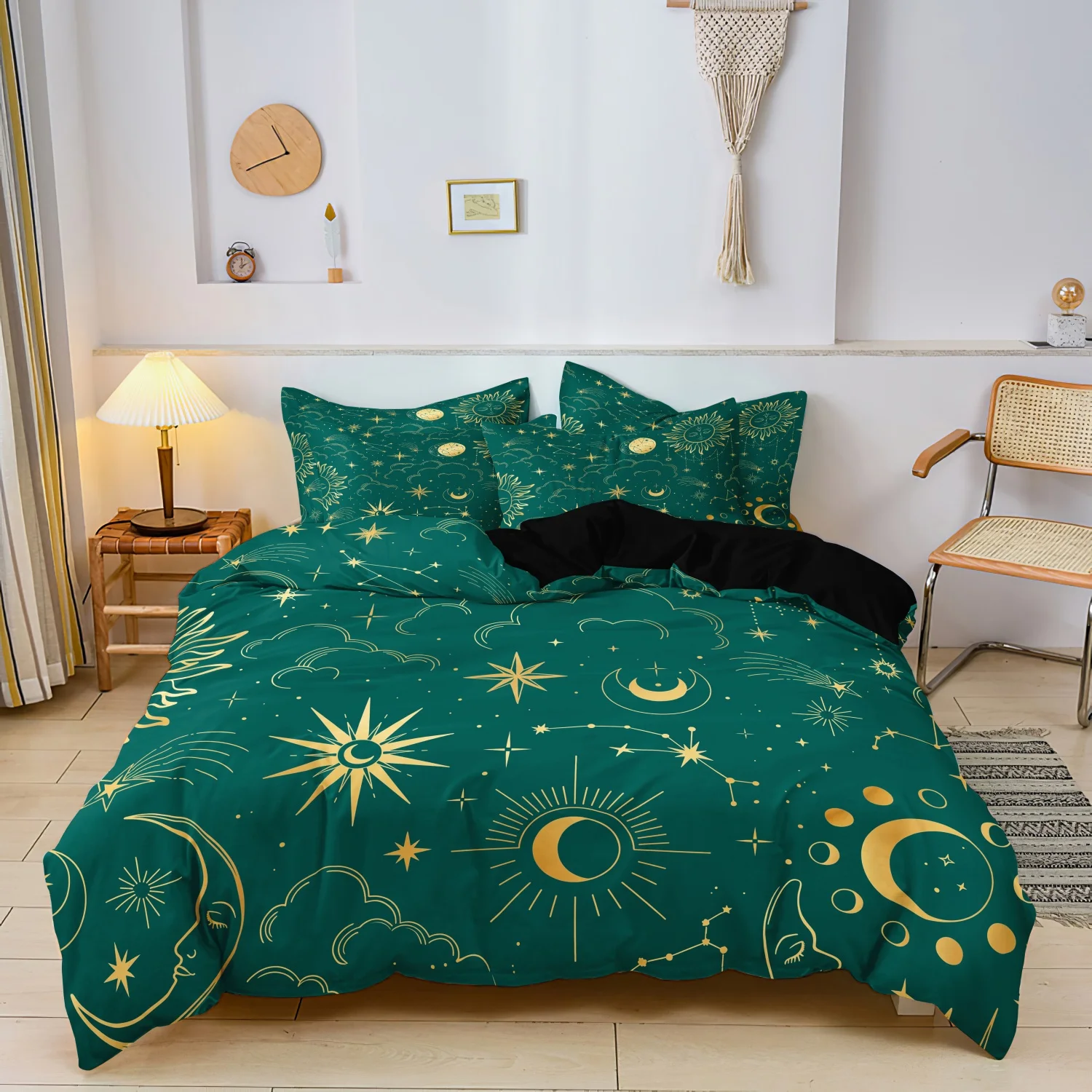 3 Pieces Bohemia Emerald Green Golden Celestial Moon Star Print Duvet Cover Set, Constellation Sun Crescent Pattern Bedding