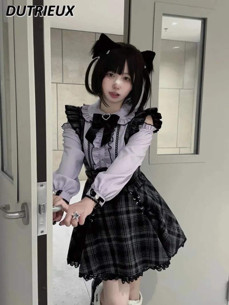 

Японский оригинальный массовый производство Mine Sweet Purple, топ с кукольным воротником, рубашка с открытыми плечами, шерстяная клетчатая юбка на бретелях, наряды