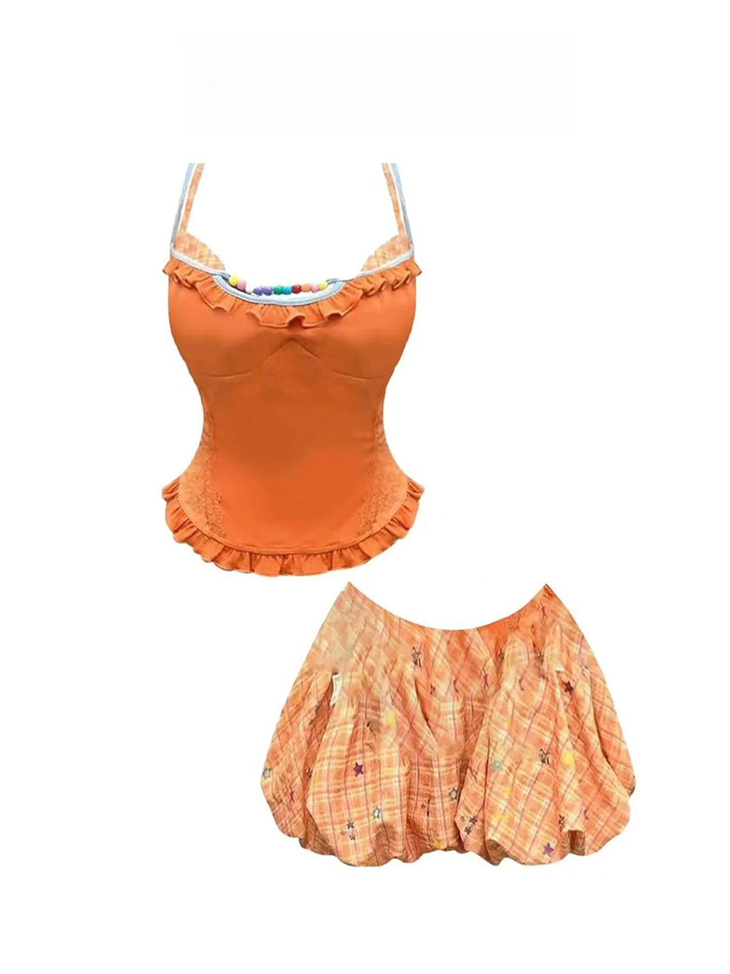 

Милый и стильный комплект из топа-халтера и клетчатой юбки в дофаминовом оранжевом цвете, женский летний наряд, дышащий полиэстер.