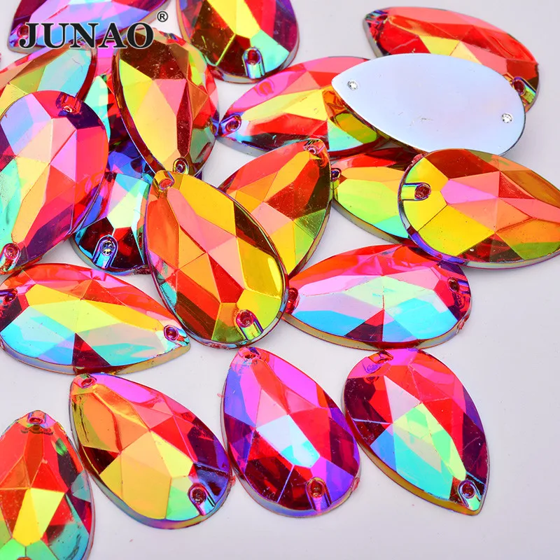 JUNAO 100pcs 17*28mm Sewing Red AB Teardrop Crystal Rhinestone Sew On Stones Flatback Acrylic Gems For Wedding Dress Decoration