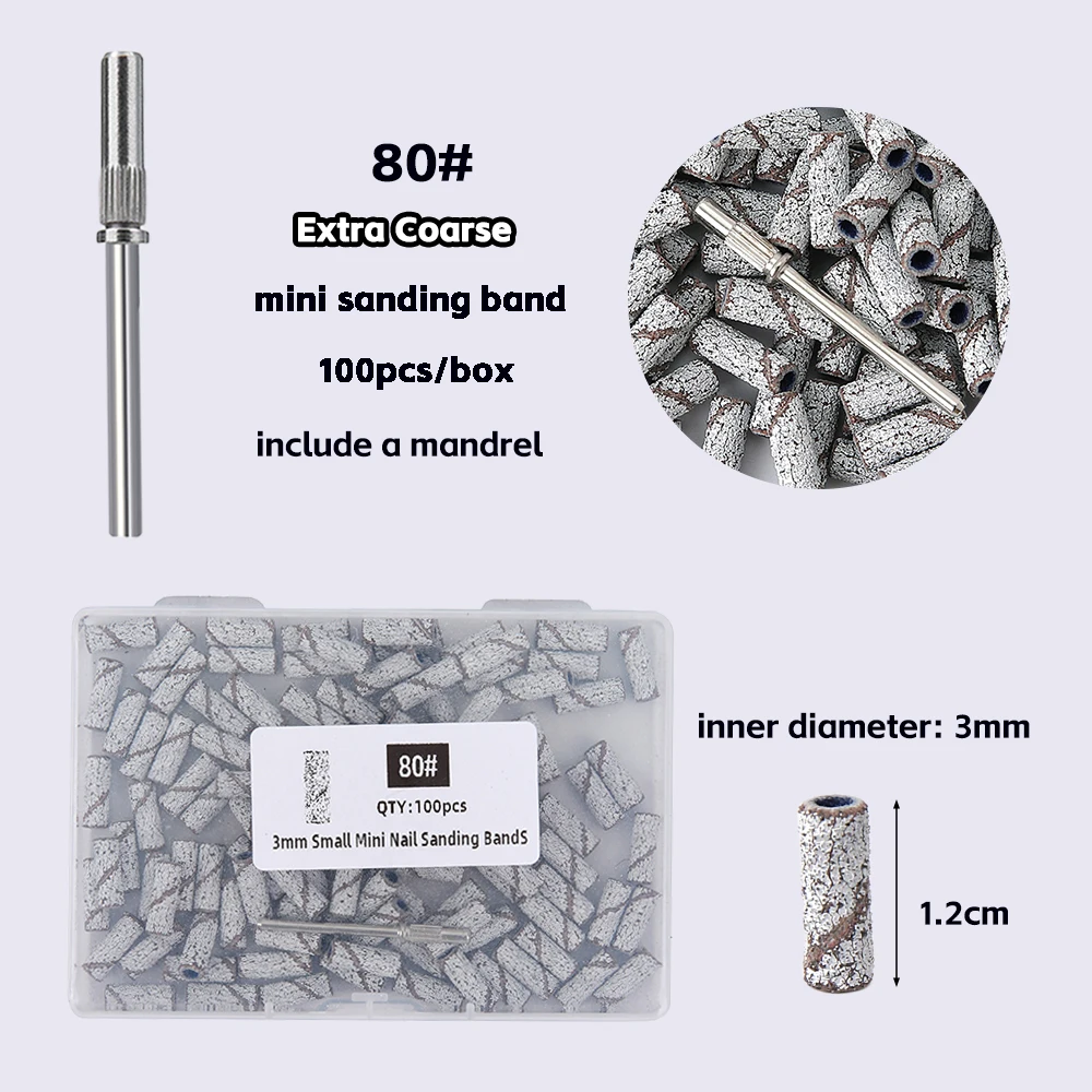 100/200 Stück 3 mm Nagelschleifbänder-Set mit Dorn – Schleifpapier mit Körnung 80/120/180/240 für Nagelbohrer, Maniküre, Pediküre, Salon – Detail 8