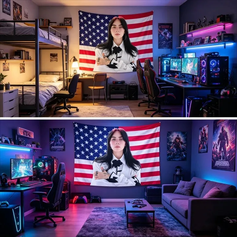 B-Billie Eilish Hip Hop Tapestry, American Flag Wall Hanging, Singer Fan Wall Decor for Bedroom Living Room Home Art Decoration
