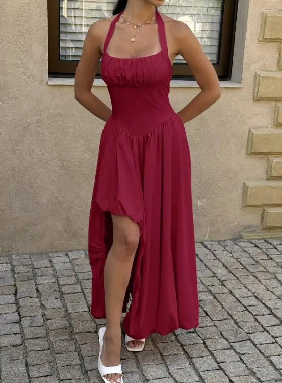 

Women's Dress 2026 Summer Tailored Solid Color Elegant Square Collar Tied Waist Backless Hanging Collar Asymmetrical Party Dress