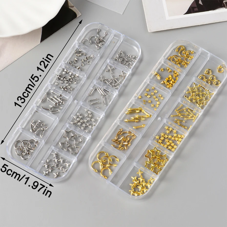 12グリッド パンク シルバーゴールド リベットスタイル ネイルチャーム Y2K メタルゴールド ピアスリベット ソリッドネイルアートデコレーション DIYネイル用品