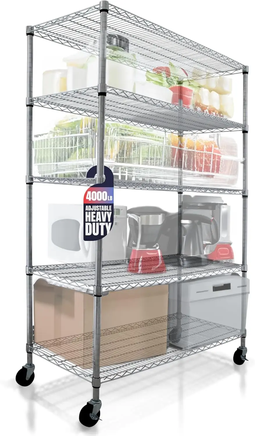 

48 x 24 x 76, 4000 LBS, Commercial Metal Shelves for Storage with Wheels for Garage Shelving, 5 Tier Wire Shelving Rack for