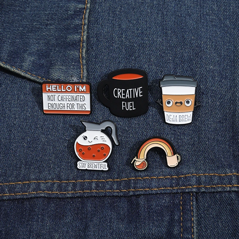 Iced Coffee Enamel Pin Creative Fuel Deja Brew Life Happens Coffee Helps Brooch Funny Lapel Badges Jewelry Gift for Kids Friends