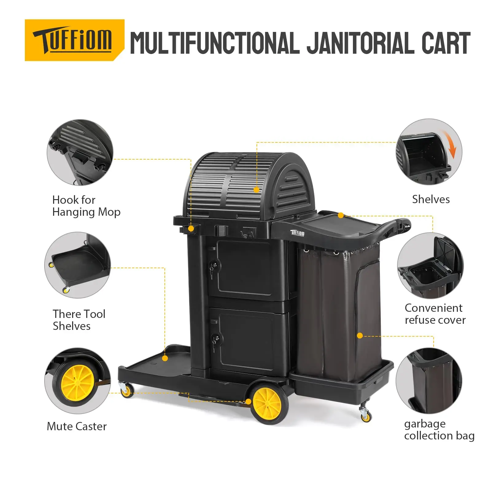Janitorial Cart with Key-Locking Cabinet, 3-Shelf Commercial Cleaning Cart with Wheels, Housekeeping Caddy with Locker