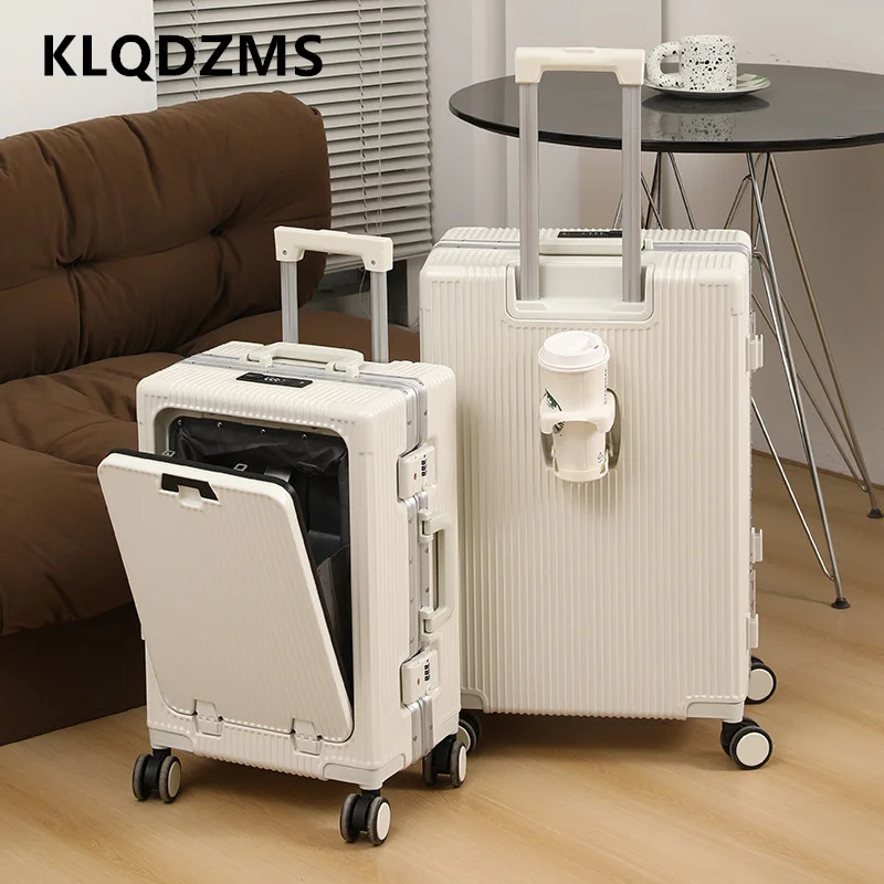 

KLQDZMS Aluminum Frame Suitcase Front Opening Boarding Case Laptop Trolley Case 20"24 Inch USB Charging Multi-function Luggage
