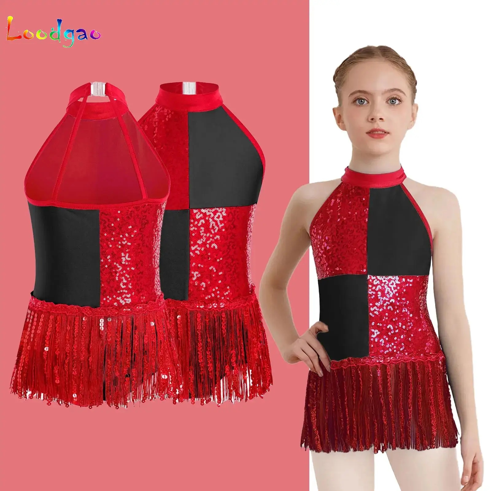 

Kid Girls Sequin Color Block Latin Dance Unitard Dress Gymnastics Ballet Leotard Modern Ballroom Salsa Dance Performance Costume
