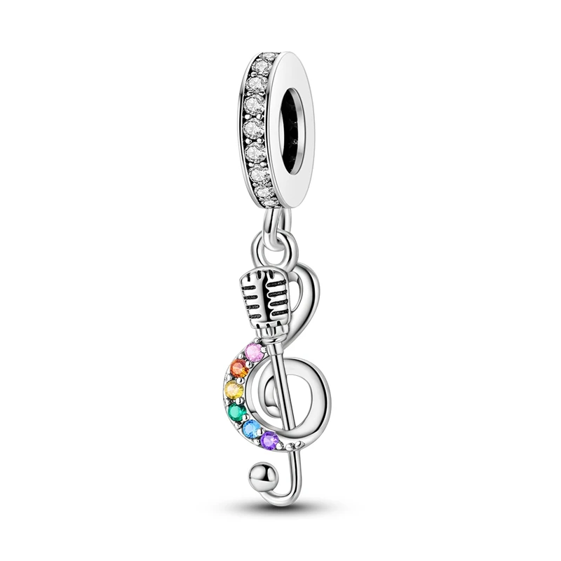 Original 925 Sterling Silver Music Note Microphone Charms Beads CZ Zircon Dangle For Women Fine DIY Birthday Jewelry Gifts