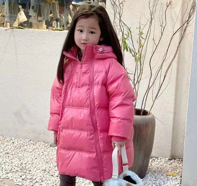 Korea Style Loose Down Jacket Children Double Zipper Long White Duck Down Outfit Baby Girl And Boys Parka Down Jacket 4-12Y w496