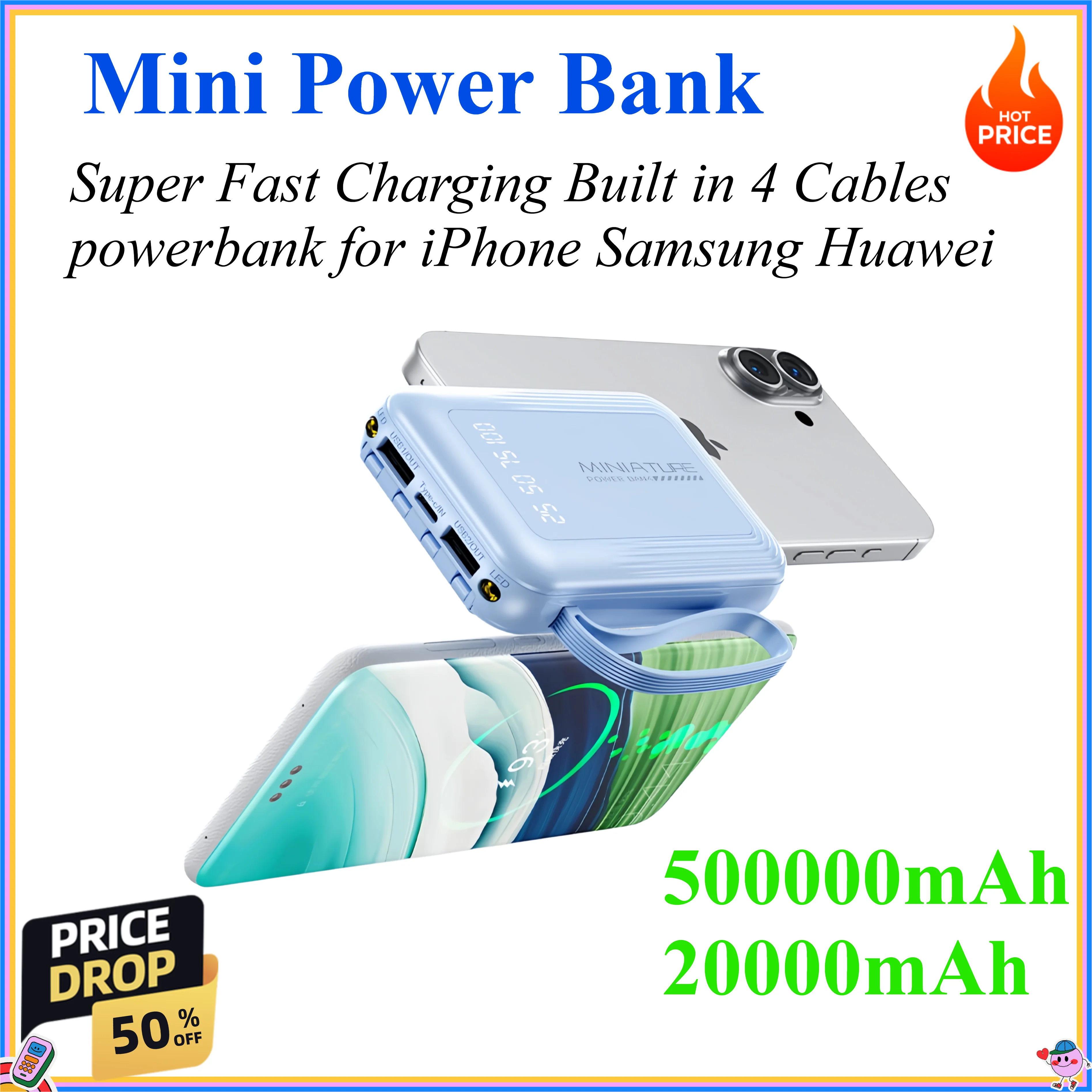 500000mAh 20000mAh Mini Power Bank Super Fast Charging Built in 4 Cables Digital Display Powerbank for iPhone Samsung Huawei