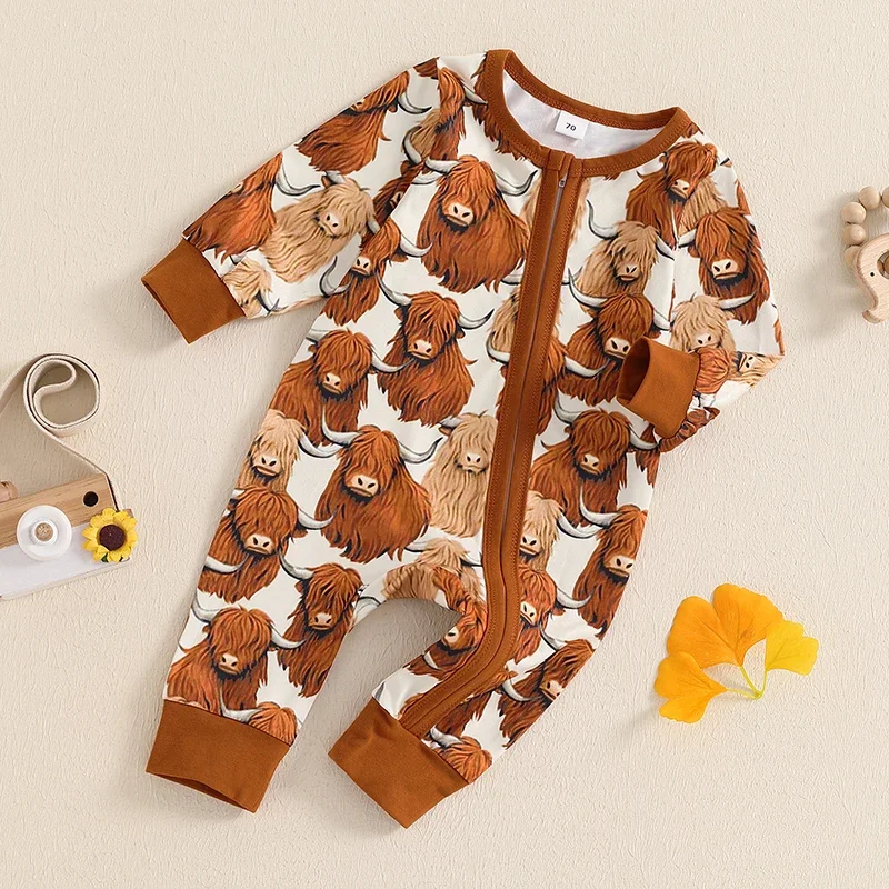 2024-07-13 Lioraitiin Western Baby Boys Romper Casual Long Sleeve Round Neck Cow Print Zip Up Jumpsuit Infant Outfit