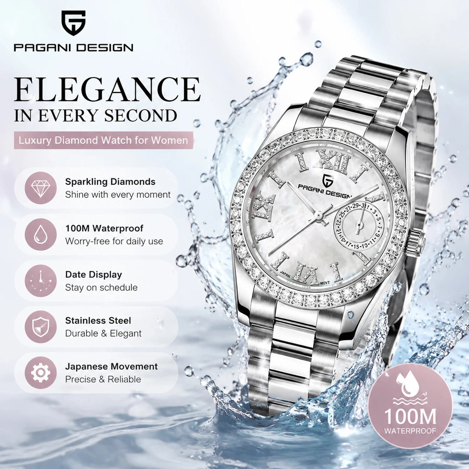 PAGANI DESIGN Women Luxury Diamond Watch Stainless Steel Quartz Wristwatch 100M Waterproof Date Display Ladies Fashion Watch
