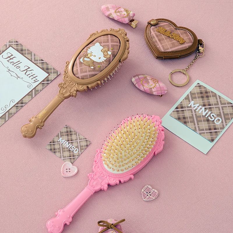 Sanrio Hello Kitty Retro Plaid Air Cushion Hair Brush - Portable Detangling Styling Tool for Kids, Travel, Gentle Hair Care