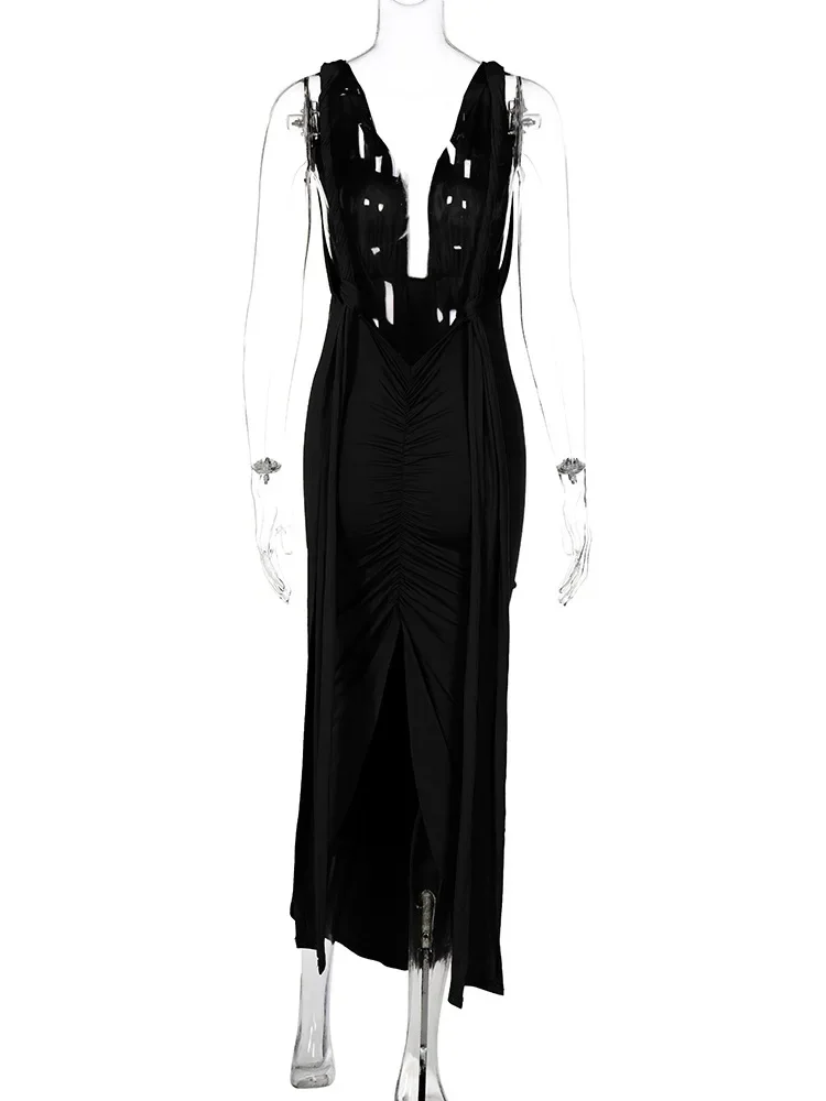 セクシーなディープ V ネック腿の高スプリットボディコンマキシドレス女性ロングショルダーストラップ背中の開いたスキニーイブニングドレスクラブパーティー Vestidos