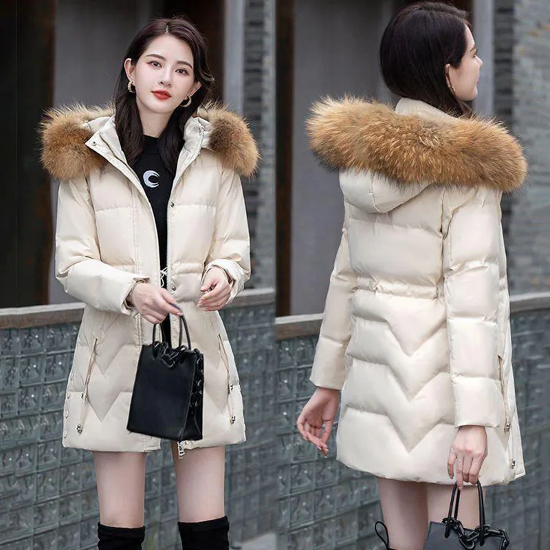 Fashion Long Down  Women's Winter New Slim Hooded White Duck Down Real Fur Collar Women's High-end Temperament Warm Coat