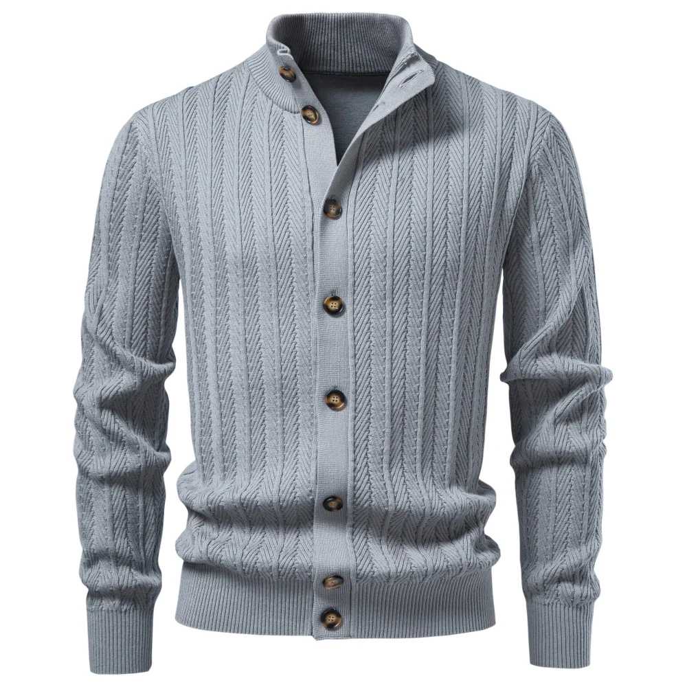 AIOPESON Herren Baumwoll-Design Strickpullover mit Knöpfen, Stehkragen, gerippten Bündchen, Cardigan, Smart Casual, Büro, Thermo, Herbst Winter – Detail 6