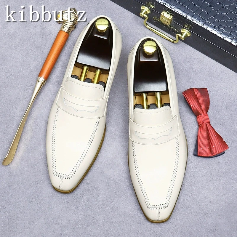 

Men New Genuine Leather Casual Oxford Shoes Luxury Handmade Slip On Office Business Wedding White Dress Shoes