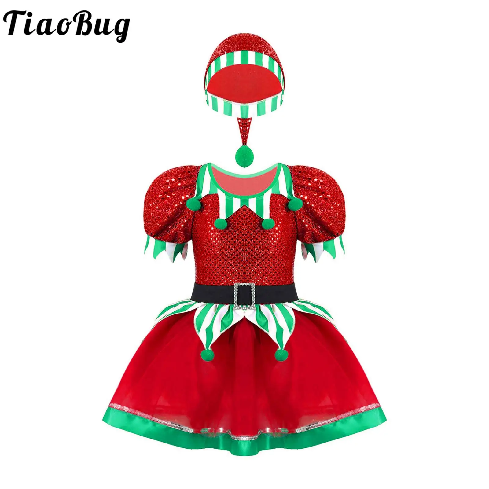 

Kids Girls Elf Christmas Halloween Cosplay Costume Xmas New Year Santa Clause Dress Sequins Pompoms Mesh Leotard Tutu with Hat