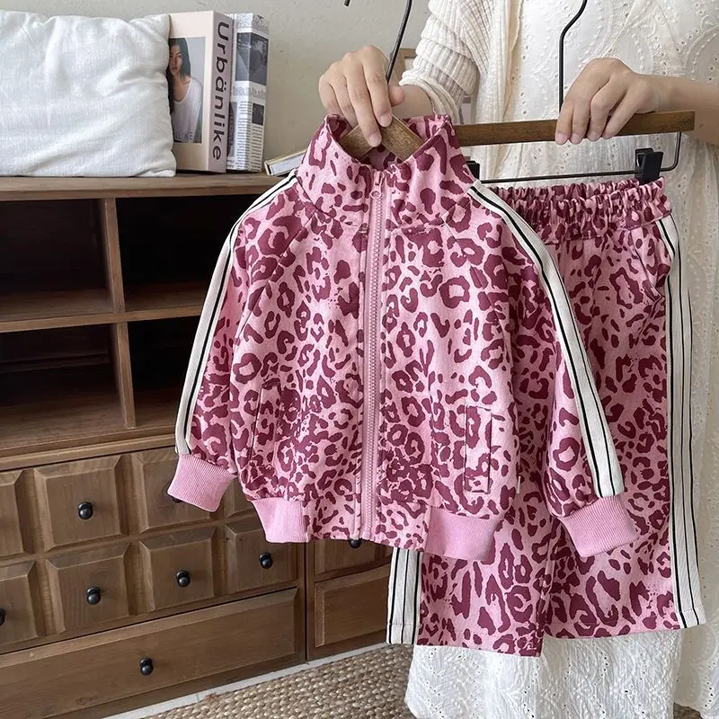 

Children's Clothing Girls Spring and Autumn Suit Baby Girl 2026 New Leopard Print Cardigan Zipper Sportswear Two-piece Set
