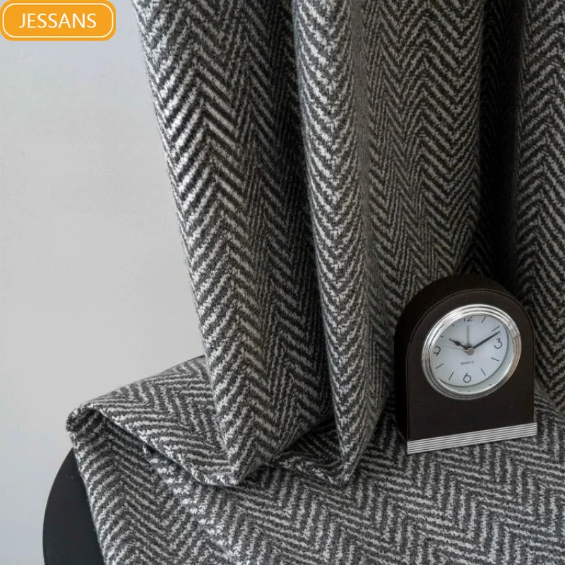 New Herringbone Black Gray Jacquard Thickened Chenille Curtains Customized Partition Curtains for Living Rooms and Bedrooms