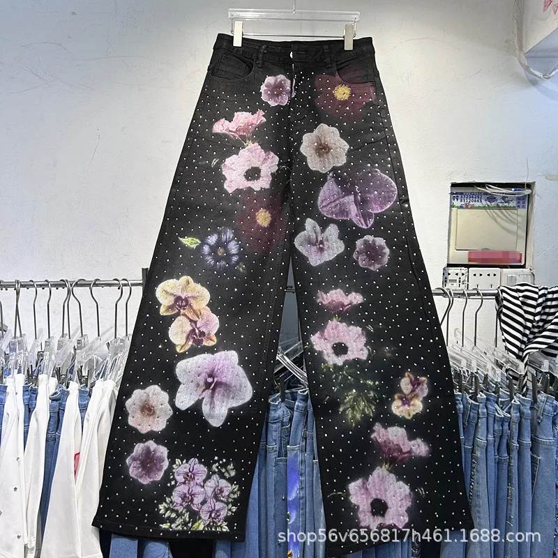 トレンドプリントワイドレッグデニムパンツ レディース 春新作 ハイウエスト フルダイヤモンド ストレートジーンズ モッピングフロア カジュアルパンツ