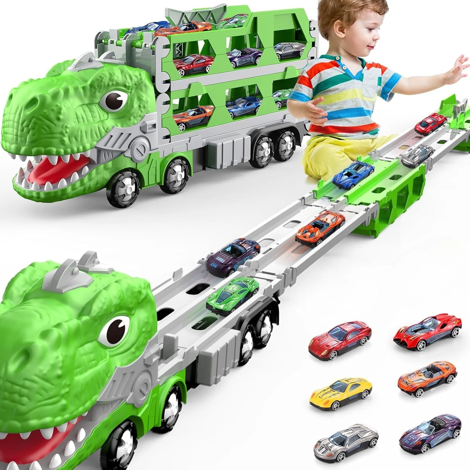 

Большой автомобиль-динозавр, игрушечный грузовик T-Rex, трансформирующий грузовик-переноска, гоночная трасса, складной грузовик с гоночным автомобилем, подарок на день рождения для мальчиков