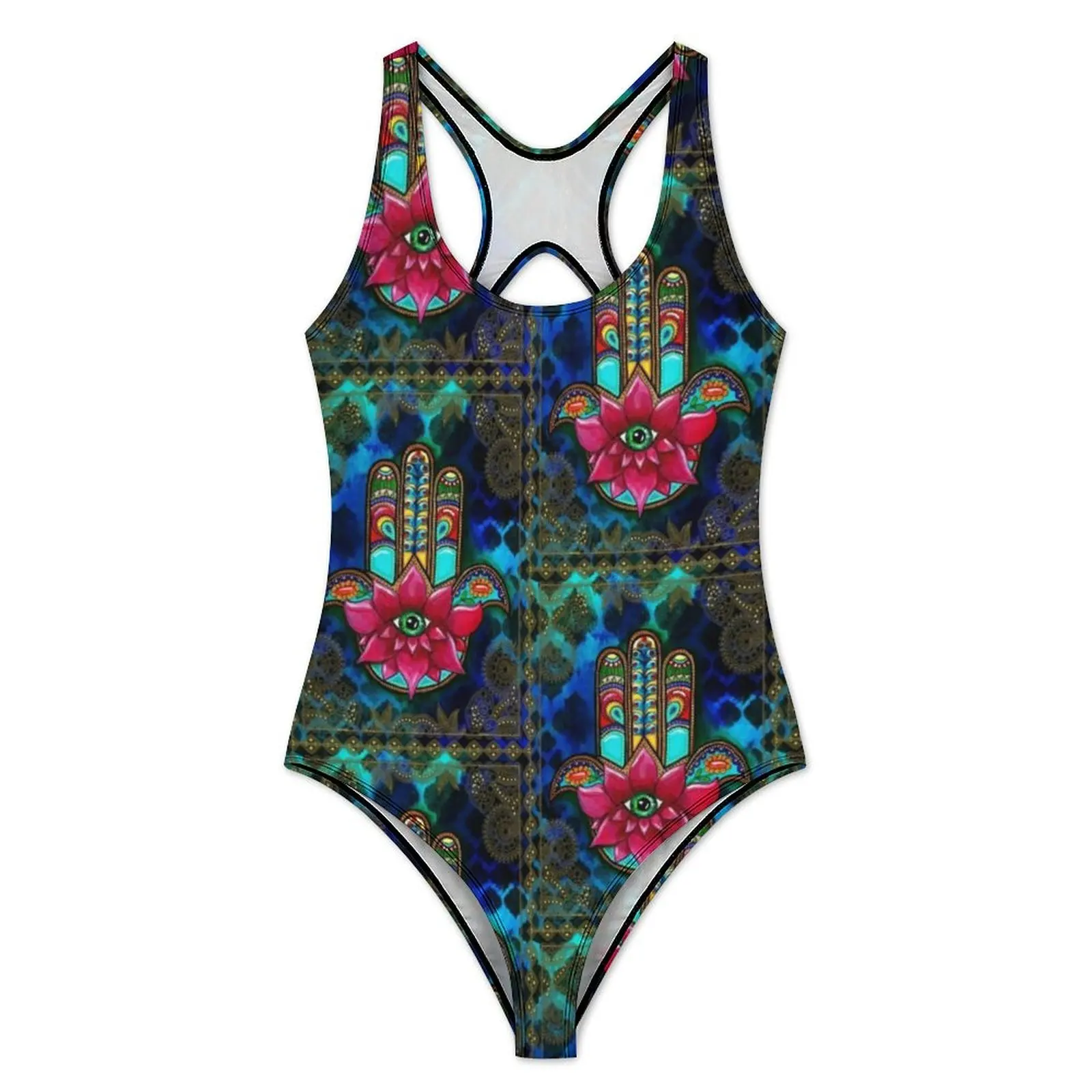 Hamsa Hand Swimsuit Vintage Print One Piece Swimwear Push Up Fashion Monokini Sexy Sport Pattern Bodysuit