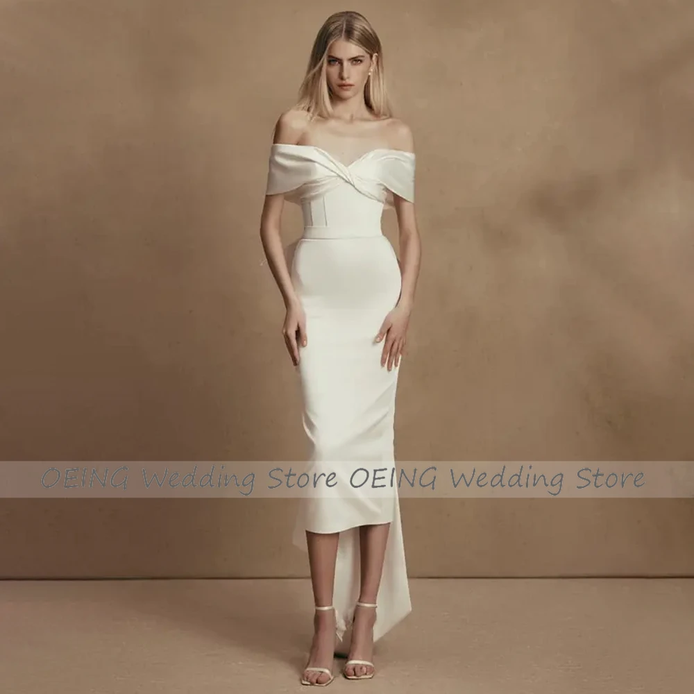 Midi Wedding Dress Simple Off the Shoulder Sheath/Column Wedding Gowns for Women 2023 Bride Detachable Big Bow Civil Bridal Gown