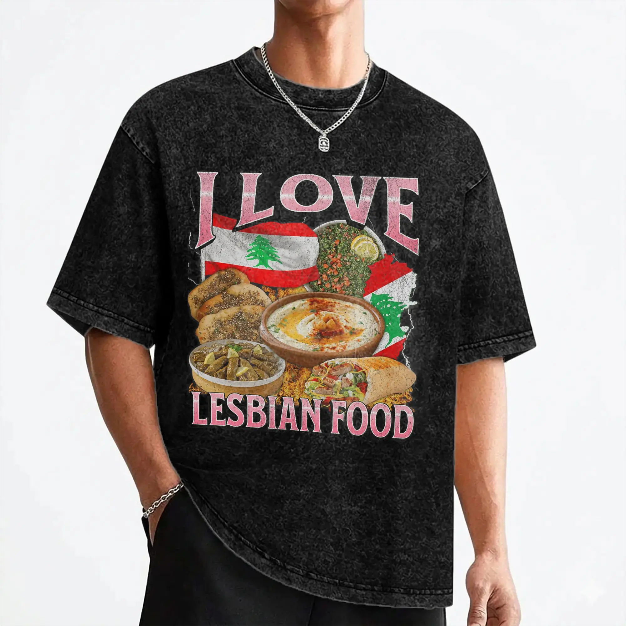 I Love Lesbian Food Funny Lebanese Food Bootleg Washed T Shirt Streetwear HipHop Vintage T-Shirts Tee Shirt for Men Oversize