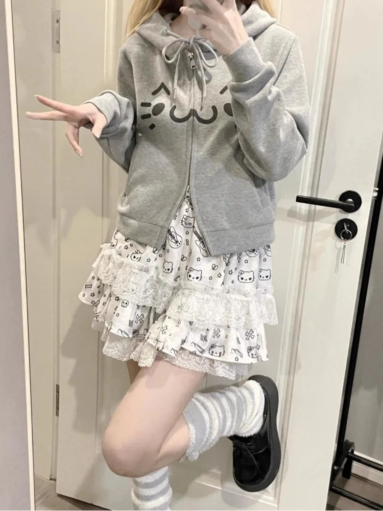 Qweek Y 2K Kawaii Cartoon Schattige Print Kanten Minirok Ruches Gothic Goth Lolita Japanse Harajuku Shoit Rok 2024 Lente Zomer