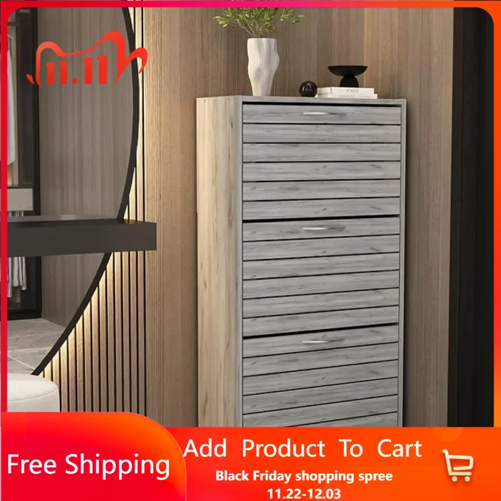 Modern Shoe Cabinet with 3 Flip Drawers, Freestanding Shoe Storage Cabinet, Shutter Design, Shoe Storage Organizer