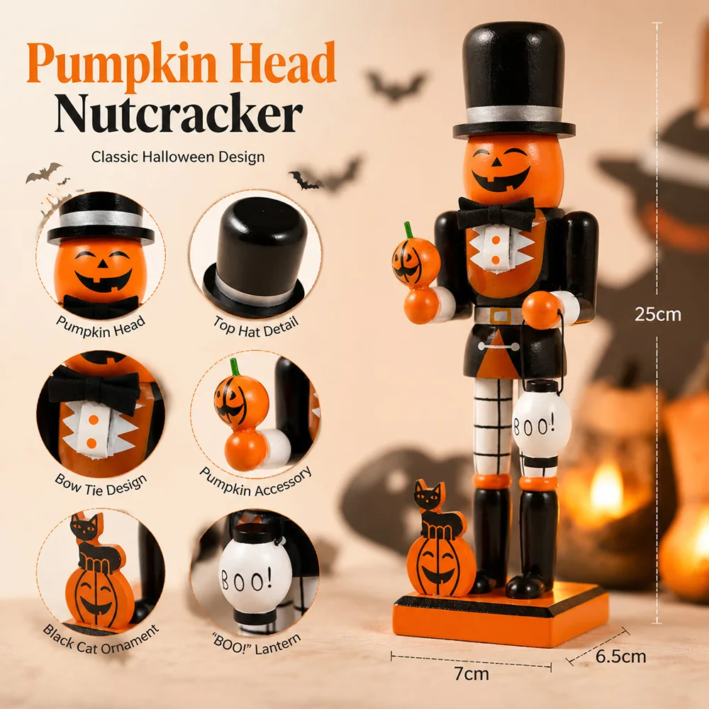 25CM Christmas Nutcracker Wooden 6 Styles Halloween Characters Ornament Figure Handcraft Home Office Desktop Decoration Gift