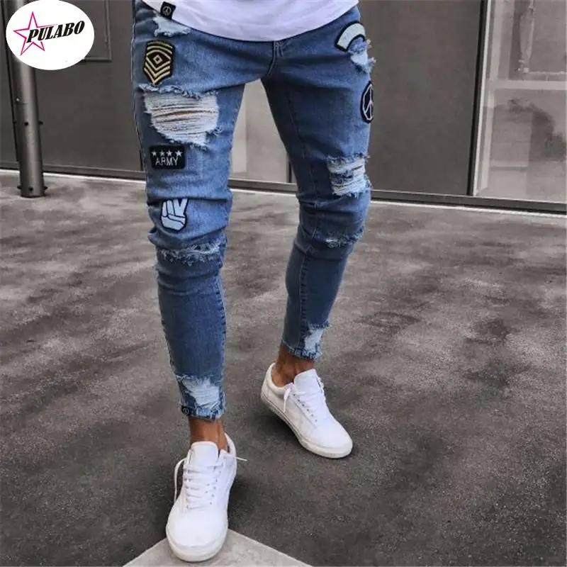 PULABO Men Stylish Ripped Jean Pants Biker Skinny Slim Straight Frayed Denim Trousers y2k Fashion Men Clothes Dropshipping