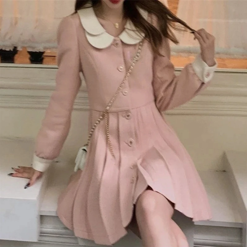 

Girl Sweet French Doll Neck Small Fragrance Contrast Collar Hundred Pleated Celebrity Small Fragrance Dress Korean