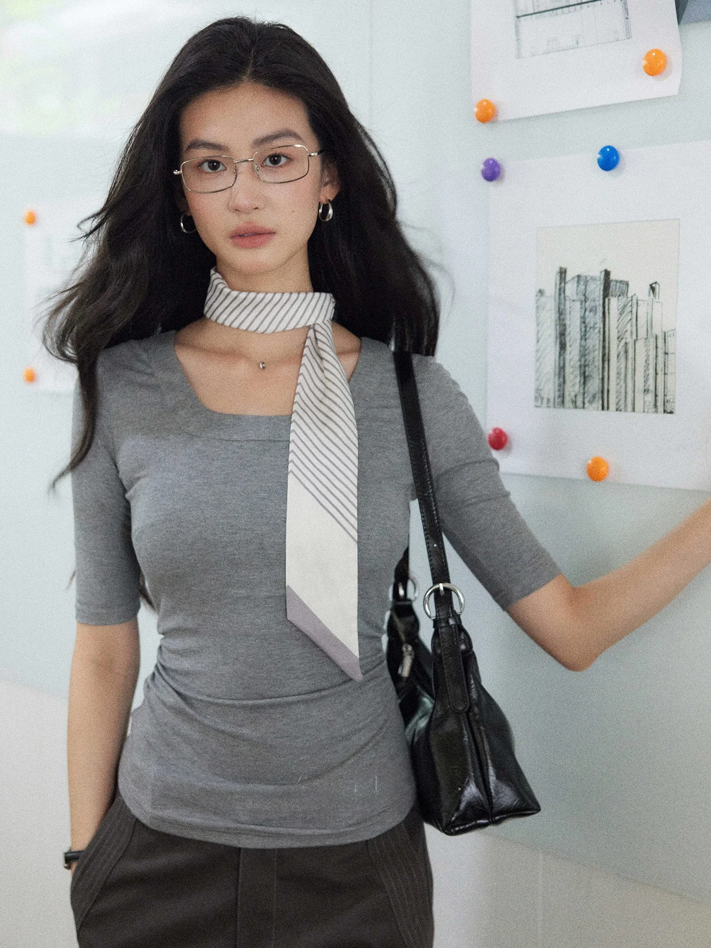 

Design Sensation Knitted Top Women's Waist-Cinching oulder-Length Sve Square Collar T-irt Comfortable Breathable Summe...