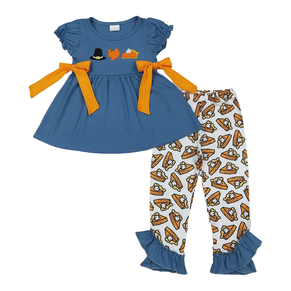 

9.29 Baby Girls Outfits Embroidery Baby Girls Navy Thanksgiving Turkey Tunic Ruffle Pants Sets