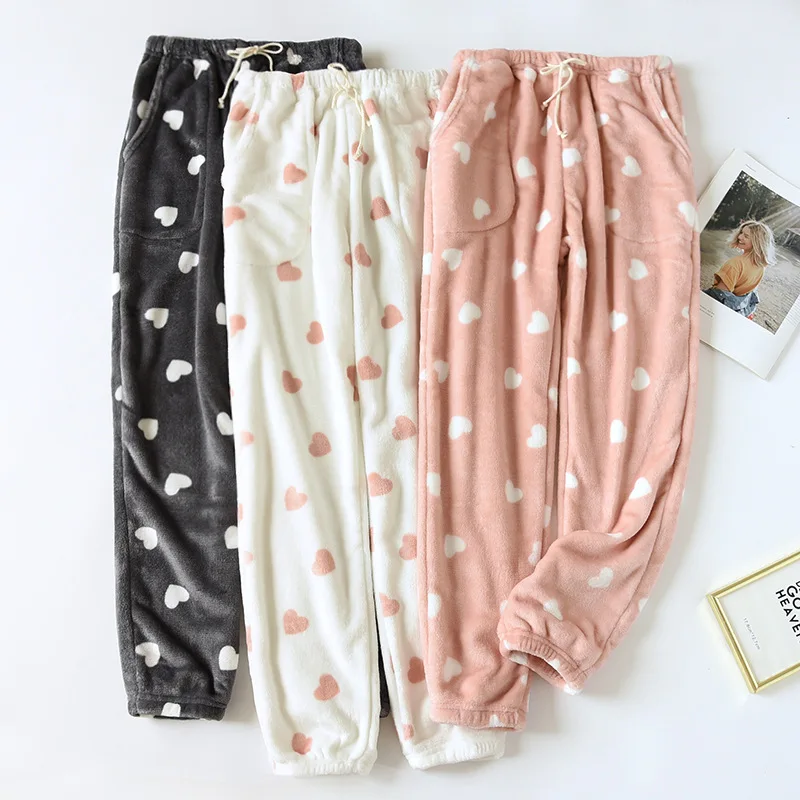 New Cute Heart Pattern Home Trousers Women Winter Warm Plannel Pajama Pants Thick Warm Sleep Bottoms With Pockets Casual Pants