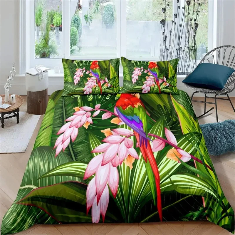 Parrot Duvet Cover Set Black White Stripe Bedding Set Green Plant Palm Leaves Quilt Cover Bird Animal Polyester Comforter Cover