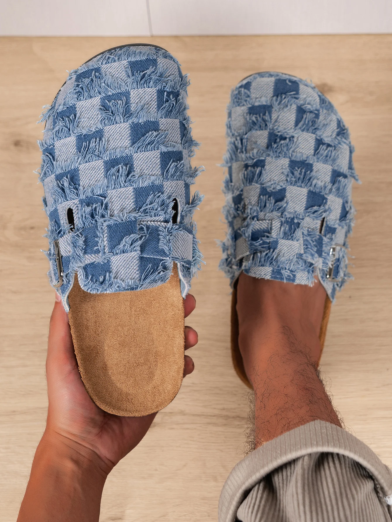 Men's Mule Shoes, New Spring Vintage Slip-On Casual Loafers with Denim Upper, Cork Grain Closed-Toe Half-Slippers, Flat Slippers with Adjustable Buckle view 4