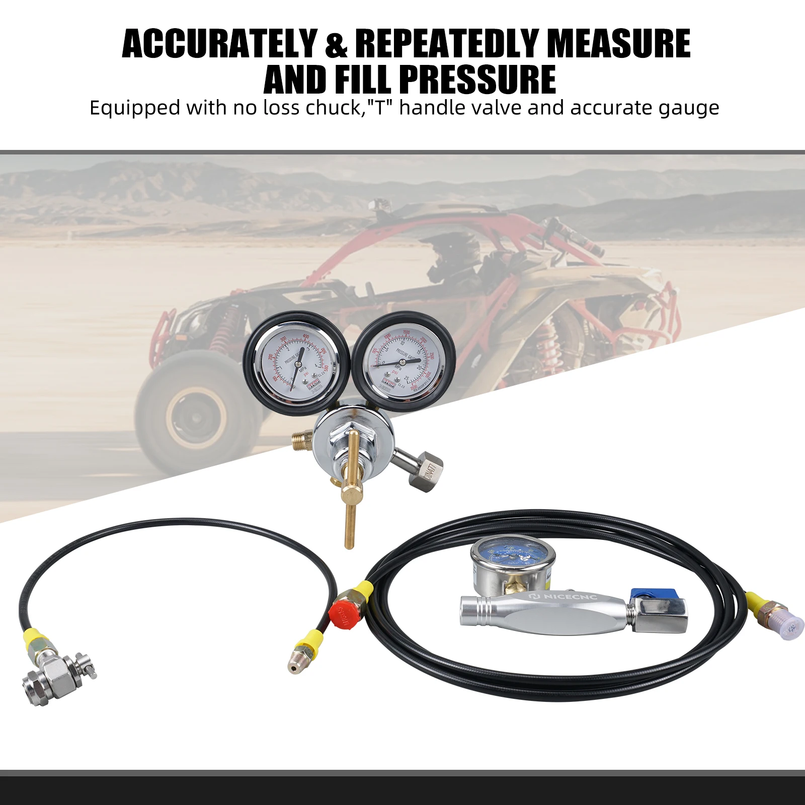 Nitrogen Shock Fill Tool With 2" 600psi Gauge Schrader Valve For Polaris RZR Raptor FOX ATV UTV Yamaha Honda Suzuki Kawasaki - Image 6