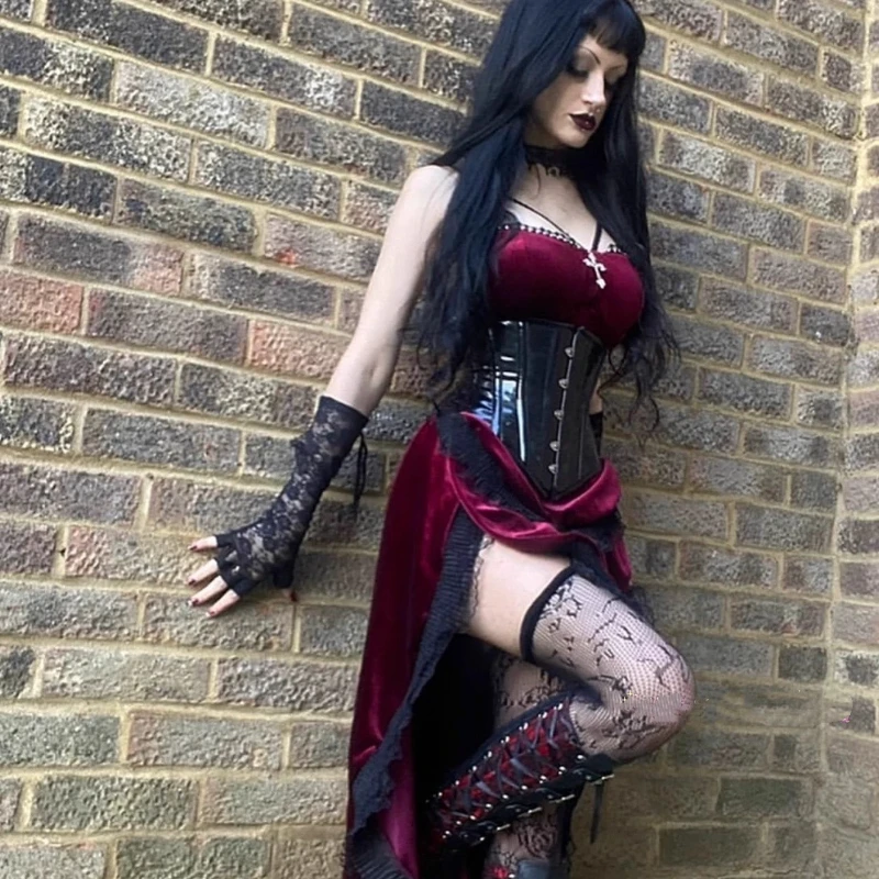 Gothic Dark Sexy Drawstring Waist Swallowtail Velvet Women's Sling Dress Original Design Lace Splicing Sleeveless Dresses Ladies