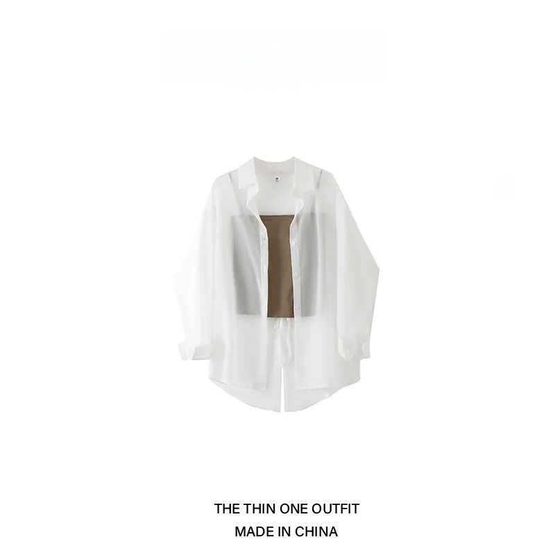 Femmes ample longue Sve soie irt lisse transparent Cardigan décontracté Sle automne Faion ensemble deux pièces vêtements intérieurs gilet