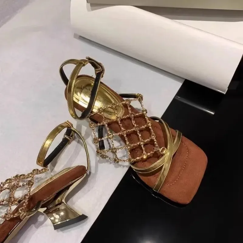 2026New Summer Rhinestone Sandals Women's Block Heel High Heels