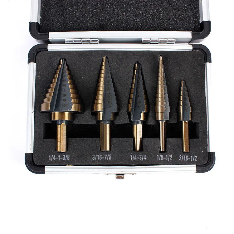 5pcs-step-drill-bit-set-triangle-shank-imperial-size-4241-hss-titanium-coated-hole-cutter-reamer